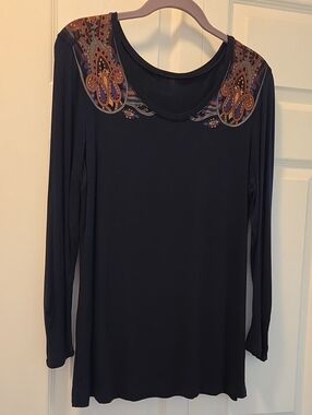 Women's Long-Sleeve Black Top with Paisley Accent